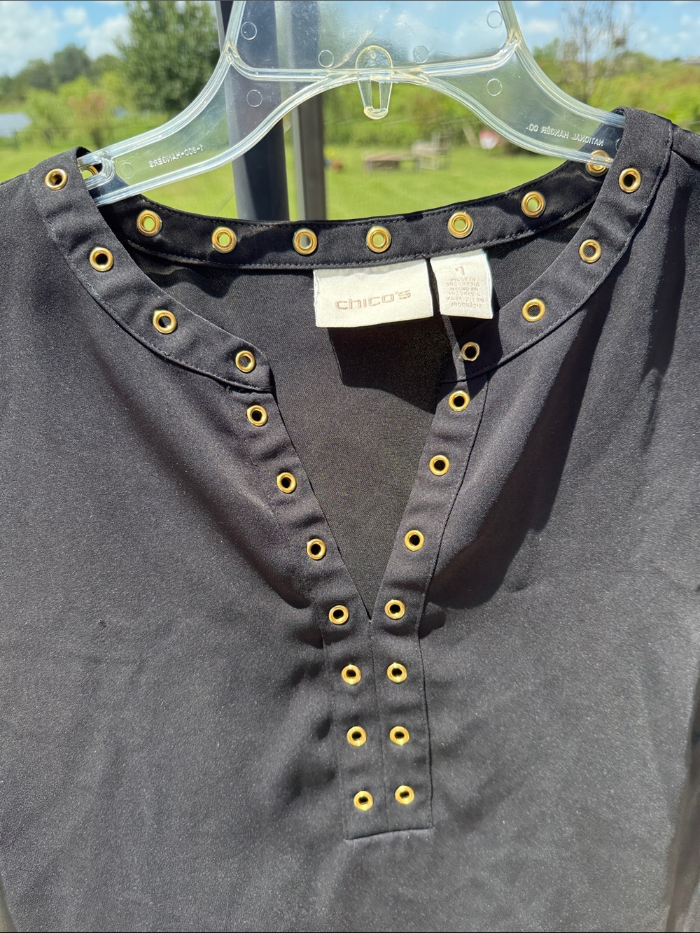 Chico's Black Button-Up Tunic with Gold Eyelet Accents size 1